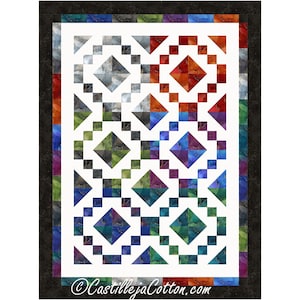 May include: A colorful quilt block pattern with a white background and a black border. The quilt block is made up of squares and triangles in shades of blue, green, red, and gray.