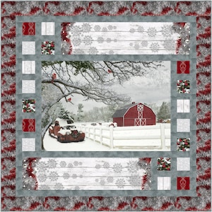 May include: A red barn with white trim and a white picket fence stands in a snowy winter scene. A red truck with a wreath on the front is parked in the snow. A tree with bare branches is covered in snow and has red cardinals perched on the branches.