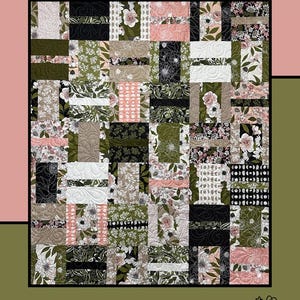 May include: A patchwork quilt with a floral design in shades of green, pink, black, and white. The quilt features the text "Mint Julep" and "Heidi Cook for Villa Rosa Designs". The quilt has a variety of patterns.
