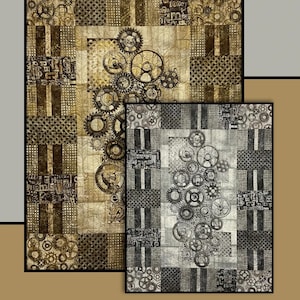 May include: A quilt pattern featuring a steampunk design with gears and cogs in shades of brown and black. The pattern is called "Pots & Pans" and is by Heidi Cook for Villa Rosa Designs.
