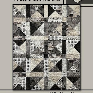 Peut inclure: Une courtepointe patchwork aux motifs géométriques en noir, blanc et gris. Elle présente des triangles, des carrés et des rectangles. Les mots "Warrenwood" et "Villa Rosa Designs" sont également visibles.