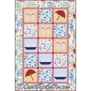May include: A beach-themed quilt with squares depicting flip-flops, sailboats, umbrellas, and nautical patterns. The quilt has a sand and ocean border with the text "CastillejaCotton.com" at the bottom.
