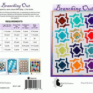 May include: A quilting pattern called "Branching Out" designed by Jamie Janow Elfert. The pattern features a colorful geometric design with a white background. The pattern is available in several sizes, including lap crib, throw/twin, full queen, and king. The pattern is available from Black Cat Creations.