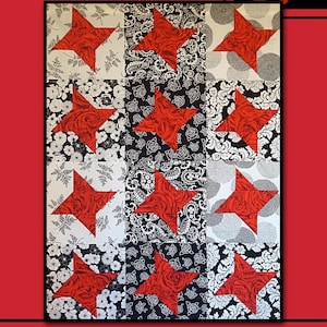 May include: A quilt with a bold design featuring red star shapes with rose patterns on a black and white background. The word "STARFIRE" is at the top. The quilt is framed in red, with a red rose in the corner.