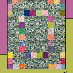 May include: A colorful quilt with the text "Chaotic Bliss" at the top. The quilt features a floral pattern with various colored squares. The bottom of the image has the text "Molly Cook for Villa Rosa Designs".