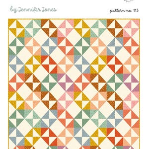 May include: A quilt pattern titled Ramona by Jennifer Jones, pattern no. 113, featuring a repeating geometric design of triangles in mustard yellow, sage green, dusty pink, terracotta, and light blue, with white speckled accents.