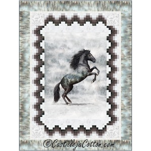 May include: A quilt featuring a black horse rearing up against a snowy background. The horse has a flowing mane and tail. The quilt has a decorative border with a light blue and brown color scheme. The text "CastillejaCotton.com" is at the bottom.