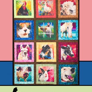 May include: A colorful quilt with a patchwork design featuring various animals, including a rooster, a duck, a sheep, a cat, a chicken, a horse, a llama, a dog, a pig, a rabbit, and a dog. The quilt is titled "Facetime" and is by Melissa Milligan for Villa Rosa Designs.