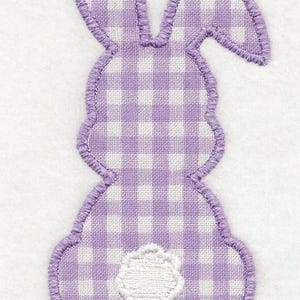 May include: A purple and white gingham bunny applique. The bunny is outlined in purple stitching and has a white, textured tail. The design is on a white background, perfect for Easter or spring crafts.