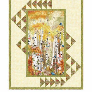 May include: A quilt pattern featuring a colorful autumn scene with birch trees, fall leaves, and birds in flight. The quilt is framed with a green and brown border of triangles. The text "Autumn in Flight" is at the top of the image. The text "Pine Tree Country Quilts" is at the bottom of the image, along with the company's address and website.