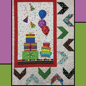 May include: A colorful quilt block with a birthday theme. The block features presents, balloons, a cake, and confetti. The block is surrounded by a border of black, green, and blue arrows. The text "31" is printed in the upper center of the image.
