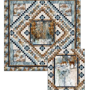 May include: A quilt pattern called "Highland Steps" featuring a woodland scene with a waterfall and deer. The pattern is from Pine Tree Country Quilts, PO Box 343, Stillwater, ME 04489 (207) 827-3876, www.pinetreecountryquilts.com.