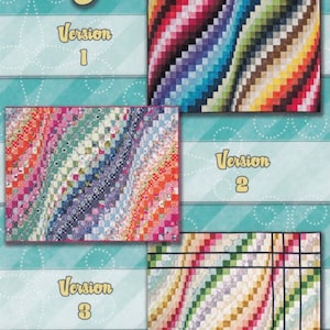 May include: Three versions of a quilt pattern called "I Used To Be a Layer Cake!" The quilt pattern features a colorful, wavy design. The first version is a rainbow of colors, the second version is a mix of floral prints, and the third version is a mix of pastel colors with green accents.