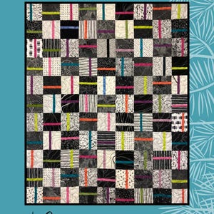 May include: A quilt with a patchwork design featuring black, white, and gray squares. Each square is accented with a vertical stripe of color, including pink, orange, and teal. The text "Split Charms" is at the top.