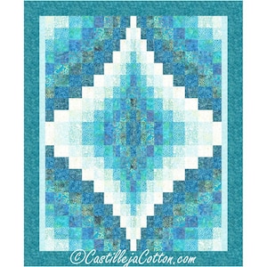 May include: A quilt with a diamond pattern in shades of blue and white. The quilt is surrounded by a teal border. The text "CastillejaCotton.com" is in the bottom right corner.