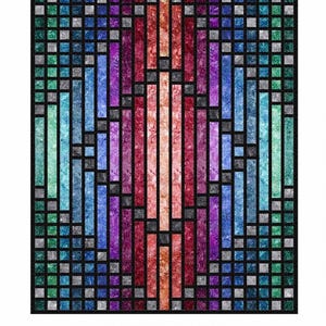 May include: A colorful quilt pattern with a geometric design. The quilt is made up of squares and rectangles in shades of blue, green, purple, red, and orange. The quilt is titled "Light from Within" and is made by Pine Tree Country Quilts.