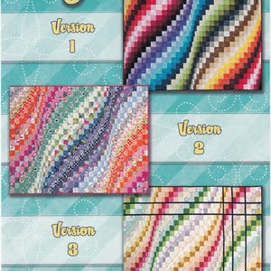 May include: Three versions of a quilt pattern called "I Used To Be a Layer Cake!"  The quilt pattern features a swirling design with a rainbow of colors.  The first version is a solid color quilt, the second version is a patchwork quilt, and the third version is a quilt with a grid pattern.