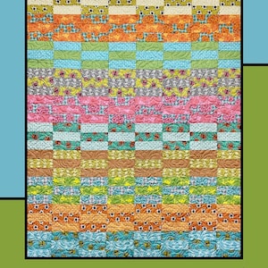 May include: A colorful quilt with the words "Birthday Cake" at the top. The quilt features various patterned fabrics in shades of orange, blue, green, pink, and yellow. The quilt is framed in black, with the designer's name and logo at the bottom.