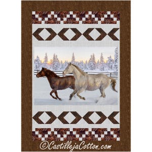 May include: A fabric panel featuring two horses running through snow in a winter landscape. The panel has a brown border and decorative geometric patterns in brown and white. The text "CastillejaCotton.com" is at the bottom.