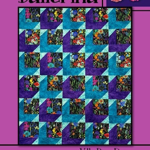 May include: A colorful quilt with a floral pattern, featuring squares of vibrant flowers in teal, purple, and black. The quilt is titled "Ballerina" and designed by Villa Rosa Designs. A rose is in the upper right corner.