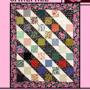 Op de afbeelding: Een kleurrijke quilt met een bloemenrand en een diagonaal patroon van vierkanten in verschillende kleuren en patronen. Het woord "CAREFREE" staat bovenaan en "Villa Rosa Designs" onderaan.
