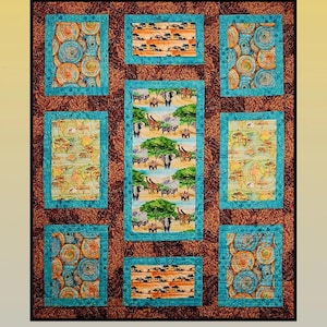 May include: A quilted wall hanging with the word "Exhibit" at the top. The quilt features a brown background with turquoise borders around rectangular panels. The panels display various African landscape scenes and abstract designs.