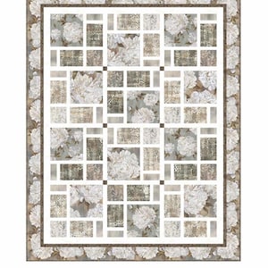 Può includere: Un modello di trapunta chiamato "Ophelia Tiles" con un design floreale bianco e marrone. Il modello è composto da quadrati e rettangoli. Il testo "Pine Tree Country Quilts" è in basso nell'immagine, insieme all'indirizzo e al sito web dell'azienda.