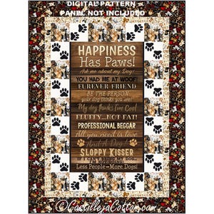 May include: A digital quilting pattern featuring a dog-themed design with the text "Happiness Has Paws!" and other dog-related phrases. The pattern includes paw prints and a variety of dog breeds.