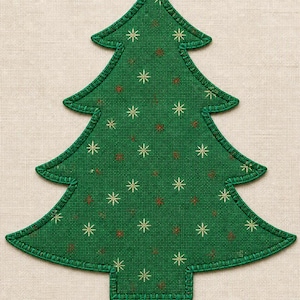 May include: A green fabric Christmas tree cutout with a textured weave surface. The tree features a repeating pattern of small, embroidered white and light brown star-like snowflakes. The edges are finished with a thick, dark green stitched border.