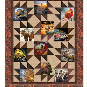 May include: A quilt pattern called "Which Way" with a brown and tan background and a variety of nature-themed images, including a bear, a deer, a bird, and a fish. The quilt is made up of a series of triangles and squares. The text "Quilting Renditions" is at the bottom of the image.