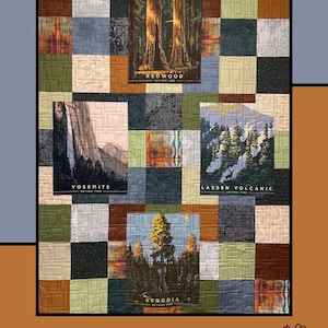 May include: A patchwork quilt with squares of various colors and textures. The quilt features four panels with landscape images of Redwood, Yosemite, Lassen Volcanic, and Sequoia National Parks. The text "Picture Perfect" is at the top.