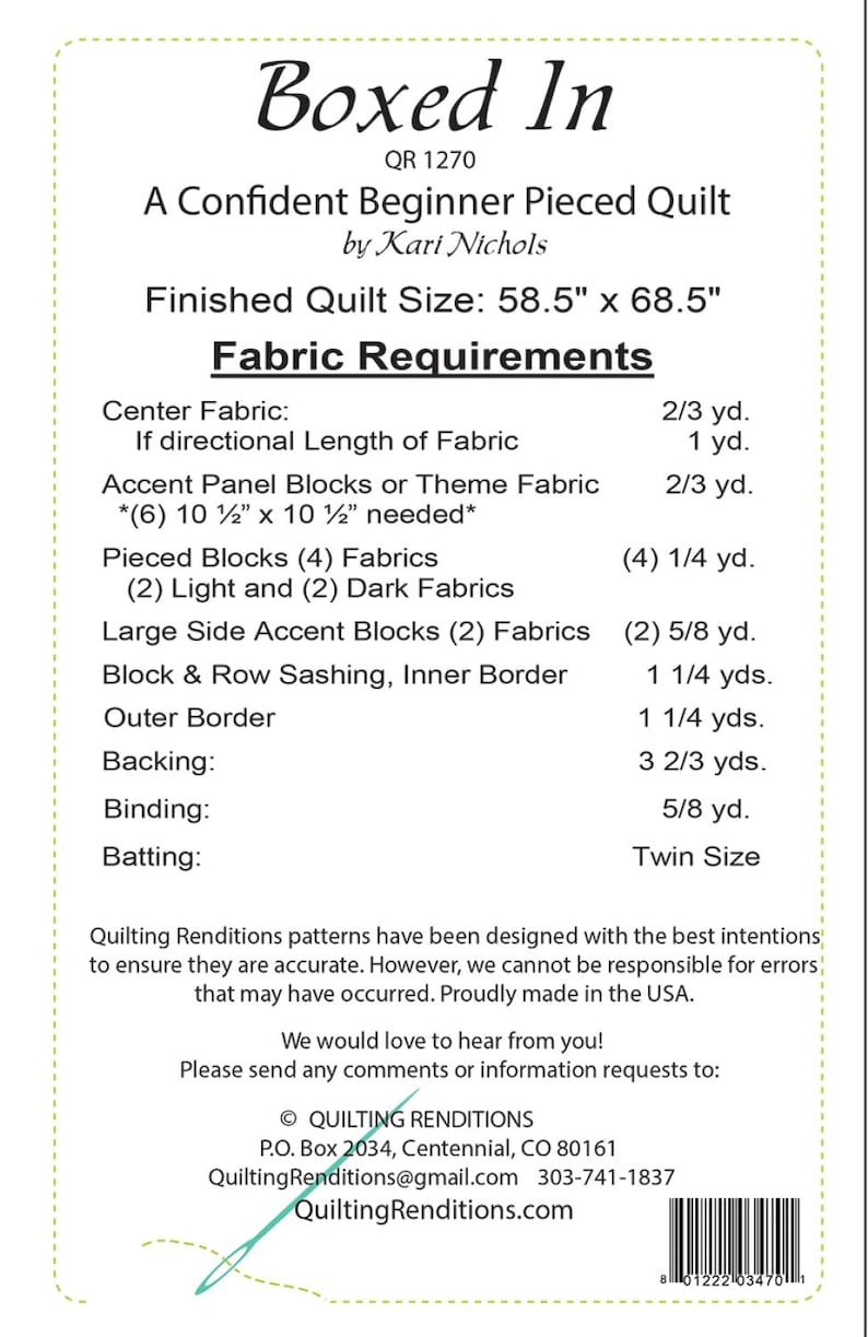 Boxed In Quilt Pattern Boxed in Quilt Pattern by Quilting Renditions-panel Quilt Pattern-kari ...