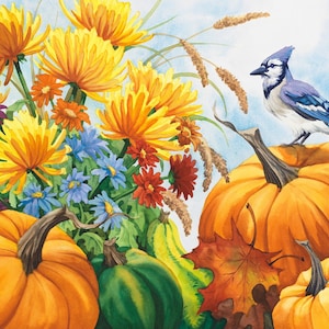 Blue Jay & Pumpkins Fabric Panel - Four Seasons Cotton (36&quot;)