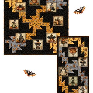 May include: A quilt pattern with a Halloween theme. The quilt features a black background with orange, yellow, and gray squares. Each square has a different Halloween image, such as a spider, a bat, a ghost, and a pumpkin. The quilt is titled "Caught in a Web" and is made by Pine Tree Country Quilts.