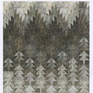 May include: A quilt pattern featuring a winter solstice design with a forest of trees in shades of gray. The pattern is called "Winter Solstice" and the pattern number is PC-190. The quilt is 56 inches by 69 inches.