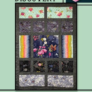 May include: A patchwork quilt with the word "DISCOVERY" at the top. The quilt features various floral and patterned fabric squares in shades of pink, blue, purple, and gray. A pink rose is in the upper right corner. The words "Villa Rosa Designs" are at the bottom.
