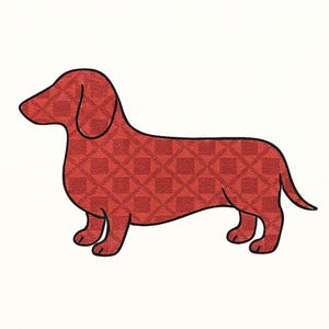 May include: A red dachshund dog illustration with a black outline. The dog's body is patterned with a red and dark red diamond design. The dog is standing on a white background.