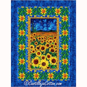 May include: A quilted wall hanging featuring a sunflower field under a starry night sky, framed by a blue border with yellow starburst accents. The design includes the text "CastillejaCotton.com".