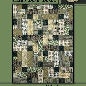 May include: A patchwork quilt with a variety of green, beige, and white patterned fabrics. The quilt features the word "Limerick" at the top and "Villa Rosa Designs" at the bottom. A yellow flower is in the upper right corner.