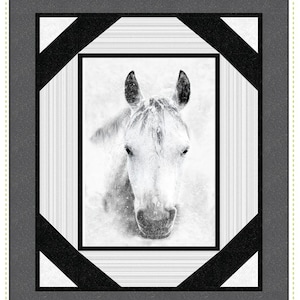 May include: A quilt pattern titled "Cutting Corners" for beginner quilters. The design features a central image of a white horse's head, framed by black and gray geometric shapes. The text "Quilting Renditions" is also visible.