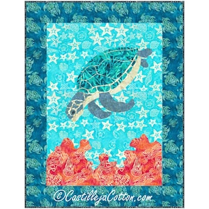 May include: A blue and green sea turtle swimming over a coral reef. The turtle is surrounded by white starfish and seashells on a turquoise background. The image is framed with a blue border with a pattern of small turtles.