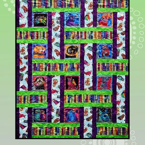 May include: A colorful quilt with the text "Window Weave" at the top. The quilt features a grid design with squares containing animal illustrations. The design includes purple, green, and rainbow-colored stripes. The words "creative sewlutions" and "for Villa Rosa Designs" are also visible.