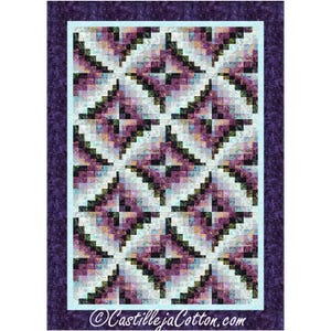 May include: A handmade quilt with a geometric pattern in shades of purple, white, and green. The quilt features a light blue border and a dark purple patterned edge. The text "CastillejaCotton.com" is visible at the bottom.