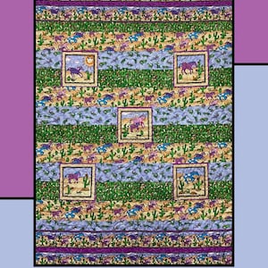 May include: A colorful quilt with the text "Fantasy Five" at the top. The quilt features a repeating pattern of horses, cacti, and framed images of horses. The quilt has a purple, blue, green, and tan color scheme. The quilt is designed by Molly Cook for Villa Rosa Designs.