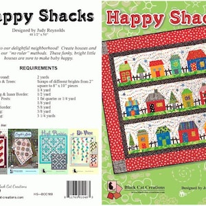 Pode incluir: Um padrão de acolchoado para um edredom colorido intitulado "Happy Shacks". O edredom apresenta um esquema de cores vermelho, verde e azul com um padrão de casas e árvores. O padrão foi desenhado por Judy Reynolds e mede 48 1/2 polegadas por 50 polegadas.