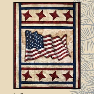 May include: A patriotic quilt design featuring the word "Pride" at the top. The quilt showcases the American flag with stars and stripes, along with red stars on a blue background. The design is by Sugar Pine Quilt Designs for Villa Rosa Designs.