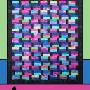 May include: A colorful quilt pattern with a black background. The quilt is made up of horizontal strips of fabric in various shades of pink, purple, blue, and green. The title "Bookend" is at the top of the image, and the text "melissa milligan for Villa Rosa Designs" is at the bottom.