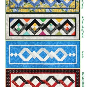 Op de afbeelding: Vier verschillende quiltpatronen met de titel "Only a LITTLE Twisted" en de namen van elk patroon: "A Simple Twist", "A Charming Twist", "Icicle" en "Holiday Ribbon". De quiltpatronen zijn gemaakt met verschillende kleuren en stoffen.