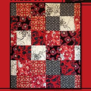 May include: A patchwork quilt featuring a floral design in red, black, and white. The word "FREEDOM" is displayed at the top, with a red rose in the upper right. The quilt is framed in red, with "Villa Rosa Designs" at the bottom.