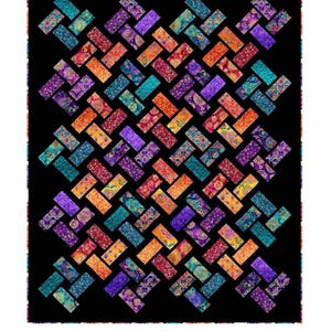 May include: A quilt with a black background and a repeating pattern of colorful, rectangular blocks. The blocks are arranged in a diagonal, woven-like design, featuring shades of teal, purple, orange, and red. The text "Eclectica Set Spinning" is at the top.